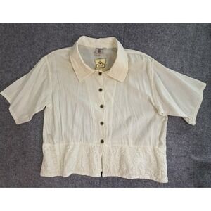 Embroidered Cotton Gauze Boho Peasant Blouse Women Large Button Front